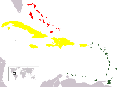 Major island groups of the Caribbean: the Bahamas (red), Greater Antilles (yellow), and Lesser Antilles (green).