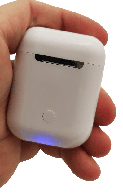 Image shows the charging case in my left hand.