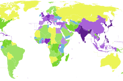 Population density (people per km2) by country.