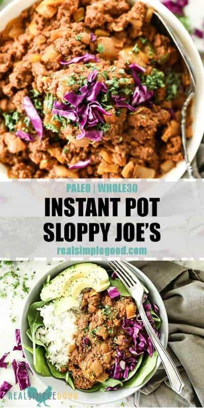 Two images of instant pot sloppy joe's with text in the middle for pinterest. Top image is a close up overhead shot of sloppy joe's in a bowl with serving spoon and topped with chopped parsley and purple cabbage. Bottom image is of sloppy joe's served in bowl with spinach, rice, cabbage, avocado and parsley.