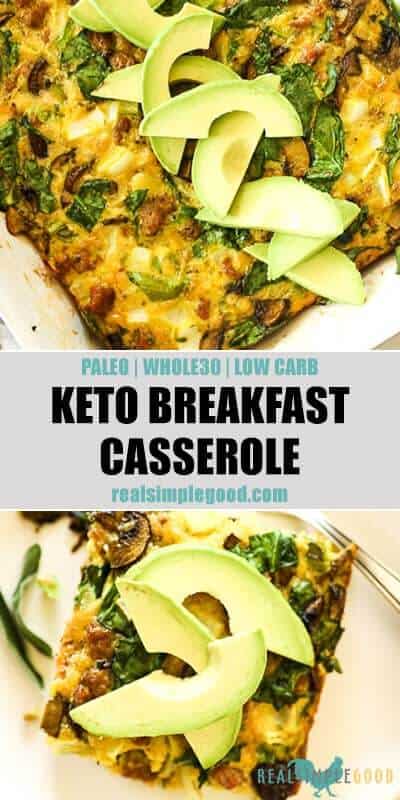 Keto breakfast casserole long image casserole in dish at top with text in middle and piece on a plate on the bottom
