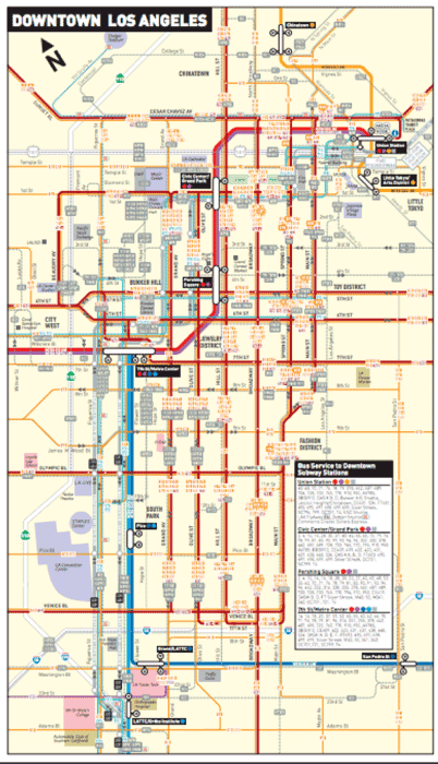 The Los Angeles Transit System Map for Downtown Los Angeles.