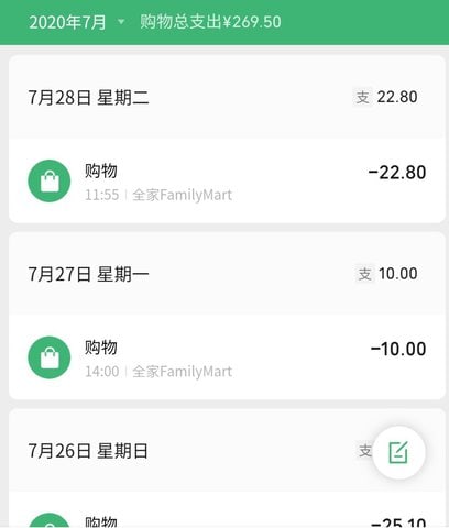 微信の電子版支払い記録 2020年7月度ショッピングの写真