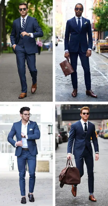 dark navy suit and brown shoes