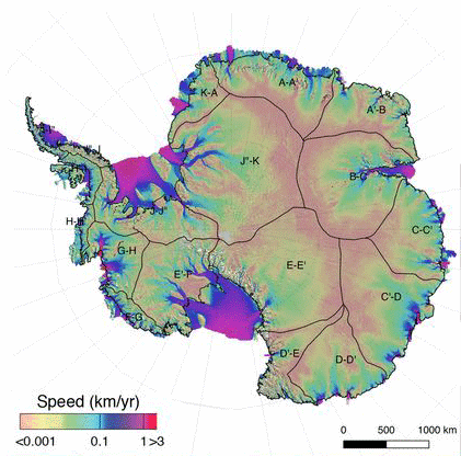 Ice speed of the Antarctic Ice Sheet derived from multisensor data for the time period 2014–2016 Figure: Rignot et al., 2019