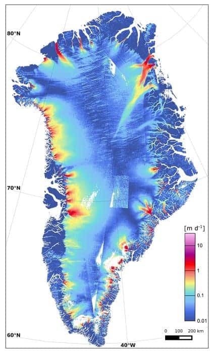 This map of Greenland ice sheet velocity was created using data from Sentinel-1A in January–March 2015 and complemented by the routine 12-day repeat acquisitions of the margins since June 2015. About 1200 radar scenes from the satellite’s wide-swath mode were used to produce the map, which clearly shows dynamic glacier outlets around the Greenland coast. In particular, the Zachariae Isstrom glacier in the northeast is changing rapidly, and recently reported as having become unmoored from a stabilising sill and now crumbling into the North Atlantic Ocean. (Colour scale in metres per day).