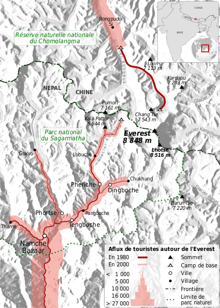 Flow map of the increased number of tourists around Mount Everest between 1980 and 2000.