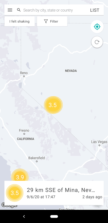 A screenshot from the MyShake Android app.