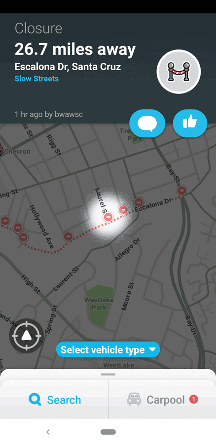 Screenshot from the Waze (Android version) app showing a community-based contribution. Screenshot taken 10-Feb-2021.
