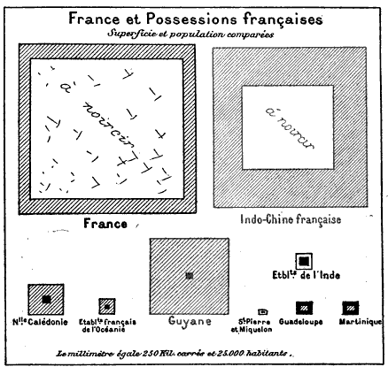 Cartogram by Émile Levasseur published in" La France et ses Colonies", originally published 1875.