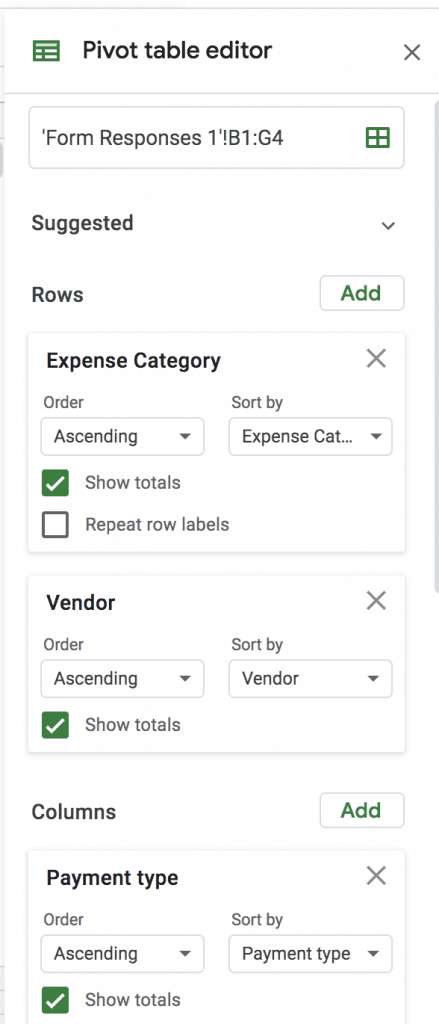 Screenshot of pivot table toolbar and how to add rows and columns, and amount totals for creating an expense tracking spreadsheet in Google sheets.