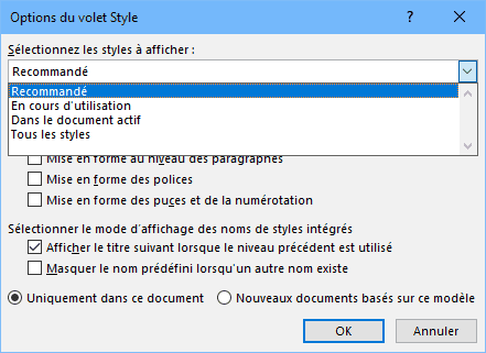 Word - options volet styles