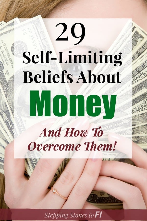 Closeup of woman hiding behind a handful of $100 bills with text "29 Self limiting beliefs about money and how to overcome them"