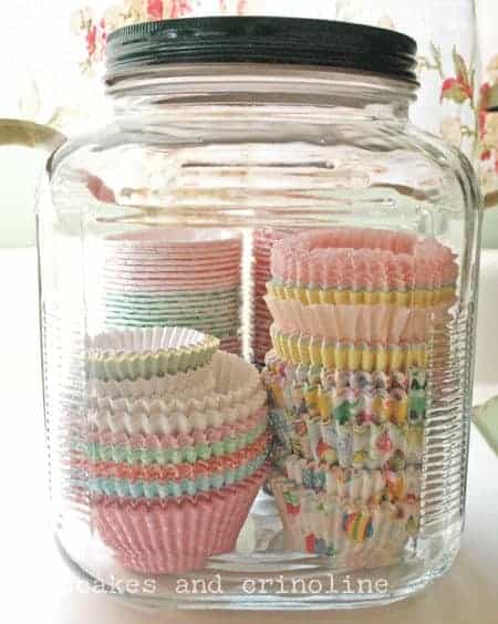 Use large jars in your kitchen to unclutter, organize and create pretty vignettes with small kitchen items including cupcake wrappers, cookie cutters and more. Kitchen Storage in Glass Jars - baking supplies at cupcakesandcrinoline.com Use large jars in your kitchen to unclutter, organize and create pretty vignettes with small kitchen items including cupcake wrappers, cookie cutters and more. Kitchen Storage in Glass Jars - baking supplies at cupcakesandcrinoline.com