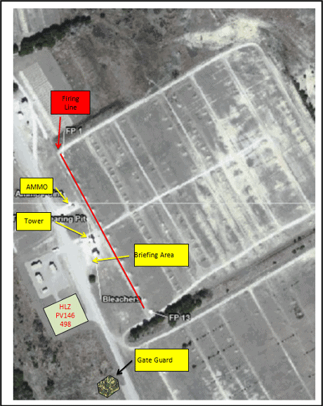 Figure 3. Map of a small arms range on Fort Hood, Texas; Prepared by 2LT Merritt to brief the range plan to higher-ranking commanders. The base map is from the Fort Hood Range Catalog (A pamphlet that lists the ranges and their capabilities).