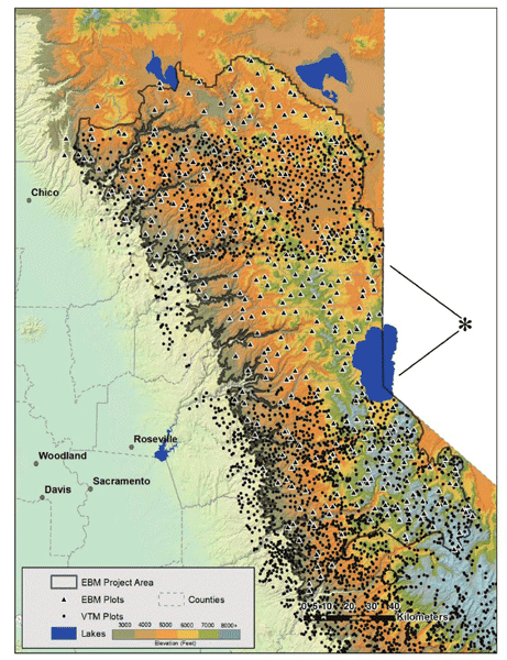 Map showing the study area in the northern Sierra Nevada ecoregion, California, USA, above 914 m elevation (3000 feet).