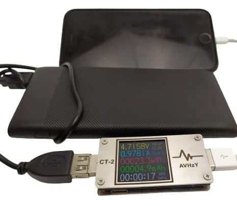 Image sows my phone, a power bank and a USB tester in place.