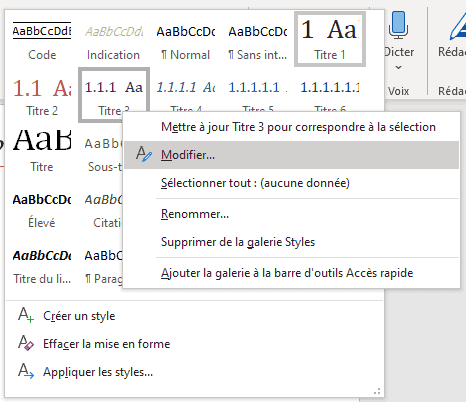 Menu contextuel pour modifier un style Word