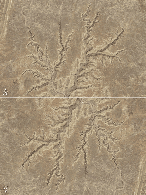 Flipping the image helps the brain correctly interpreted this image of Grand Staircase-Escalante National Monument as canyons. Image: NASA.