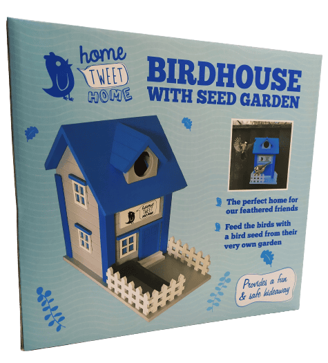 Image shows the outer retail box for the Oliphant Home Tweet Home Birdhouse.