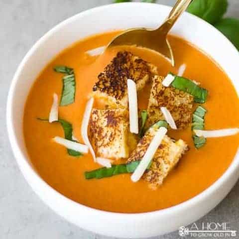 Creamy Tomato Soup with Grilled Cheese Croutons