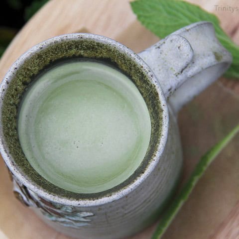 Milky Vegan Matcha with homemade plant-based milk, sweetened with maple syrup by Trinity