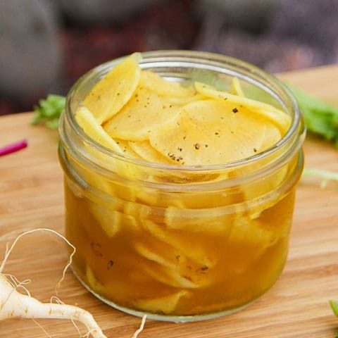 Easy picked daikon, turmeric style - mooli, white radish. Gluten-free vegan.