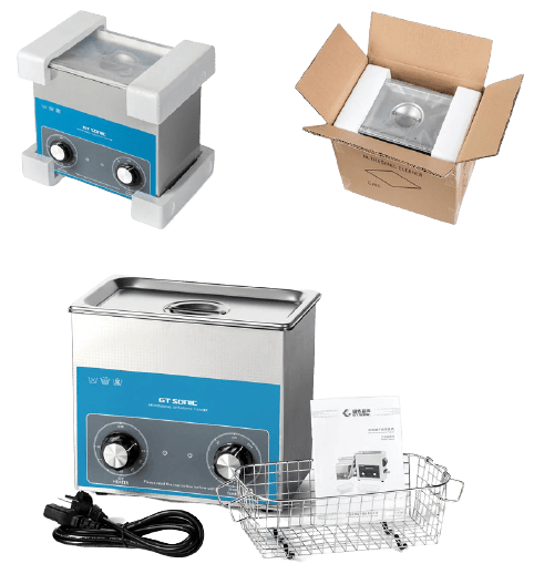 Image shows the packaging and contents of the ultrasonic cleaner.