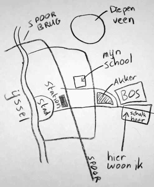 This mental map by a Dutch person shows the personal interpretation of where he or she lives. The arrow at the bottom right points to "where I live". The rest of the map shows the location of the river, the local school, and streets.