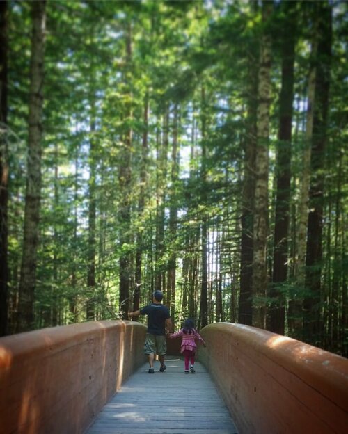 A father and daughter visiting the Redwoods with kids, hiking along Lady Bird Johnson Grove trail at Redwood National Park
