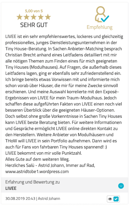 Das Bild zeigt die Kundenbewertung für das Tiny House Coaching. Zu sehen ist das individuelle Feedback des Kunden