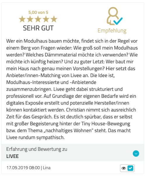 Das Bild zeigt die Kundenbewertung für das Tiny House Coaching. Zu sehen ist das individuelle Feedback des Kunden