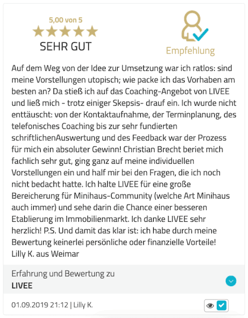Das Bild zeigt die Kundenbewertung für das Tiny House Coaching. Zu sehen ist das individuelle Feedback des Kunden