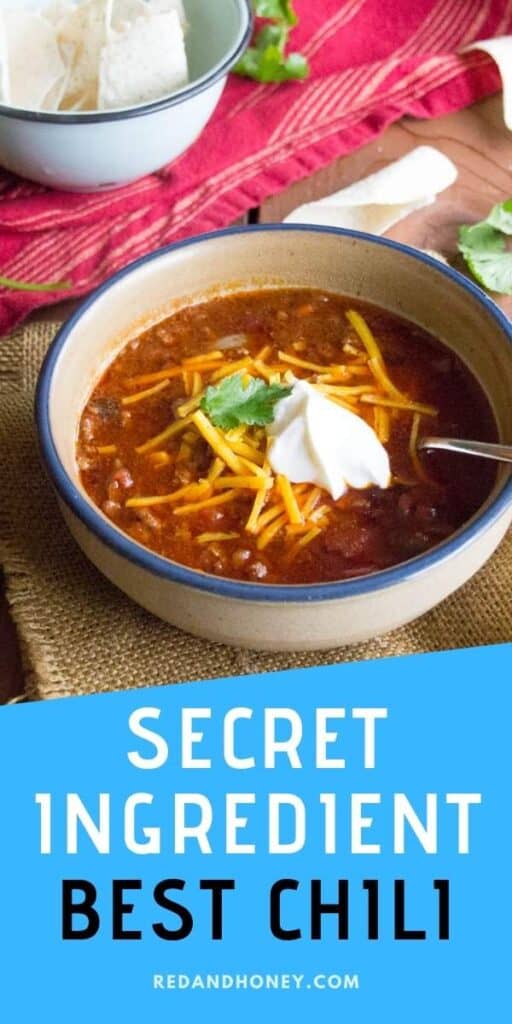 pin image of chili with title in blue background, and image of best chili recipe in a bowl with sour cream and cheese