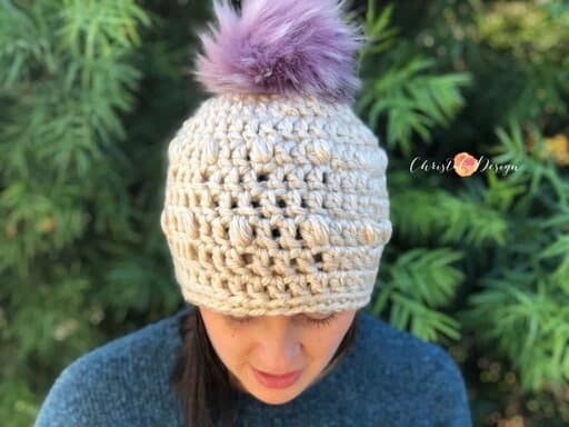 picture of puff stitch crochet hat purple Pom Pom