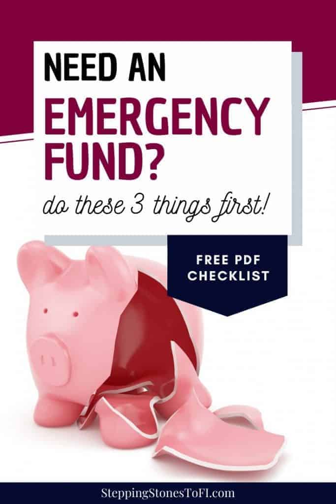 Long Pinterest image of broken piggy bank and text overlay "how to start an emergency fund with these 3 first steps"
