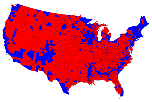 Map showing which counties had the majority of democratic (blue) and republican (red) votes durng the 2012 presidential election. Source: M. E. J. Newman, 2012.