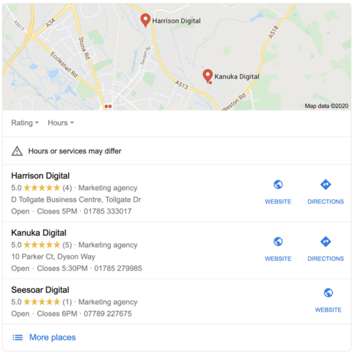 Local businesses shown in a local search term for 'digital marketing Stafford'