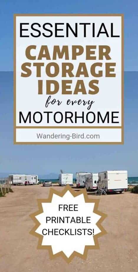 The BEST camper storage ideas and hacks for your motorhome. Want to improve space saving in your RV? Want to solutions for camper organization? These essential camper storage ideas will show you how to pack your RV and make the most of small storage areas. 19 great tips for RV kitchens, camper bathrooms, motorhome living areas and more. Learn the BEST camper storage ideas for RV living. #rvliving #camper #motorhome #storage #packing #rvlife