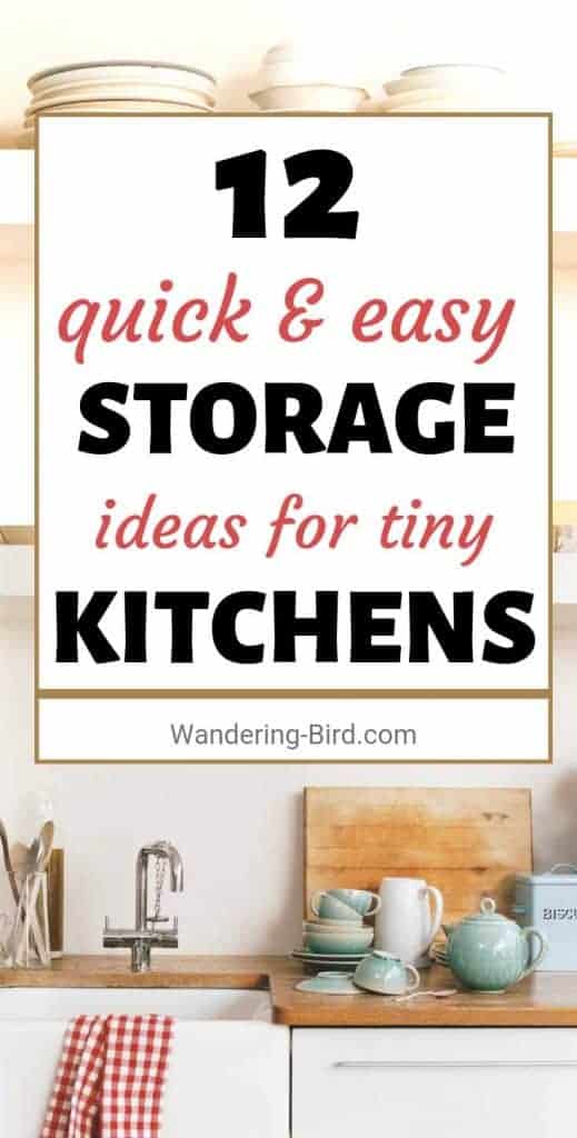 12 Quick & easy storage ideas for tiny Kitchens. Do you have a small kitchen? Perhaps you live in an RV or camper? Do you need to increase your storage solutions for your kitchen? Here are 12 EASY hacks to improve organization for your tiny kitchen. #kitchen #storage #ideas