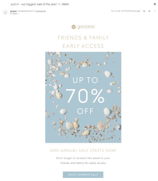 Example of Gorjana Friends & Family Early Access