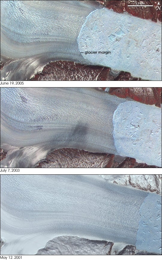Retreat of the Helheim Glacier between 2001 and 2005. Images from Advanced Spaceborne Thermal Emission and Reflection Radiometer (ASTER) on NASA’s Terra satellite.