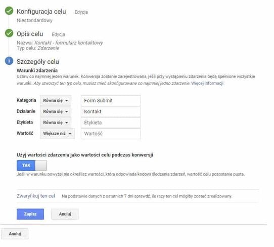 Szczegóły celu w Google Analytics