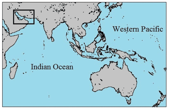 Study areas in the Persian Gulf and Gulf of Oman in the Indo-West Pacific. Map: Rezaie-Atagholipour et al., 2016.