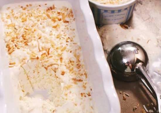 toasted coconut ice cream in a baking dish