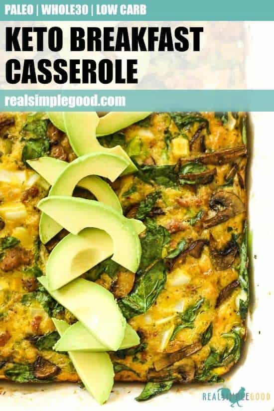Keto breakfast casserole vertical image casserole in dish with text at top for pinterest