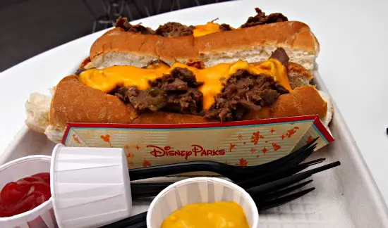 Philly cheese steak hot dog Disney World American junk food with the philly cheese dog