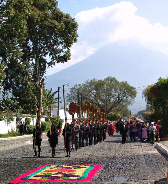 visiting Antigua Guatemala you will see processions each Sunday in Lent. procession volcano