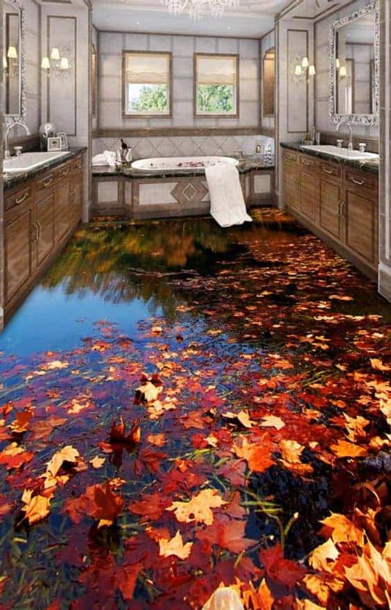 autumn leaves on a black surface 3d wallpaper for bathroom with wooden cabinets and a bathtub