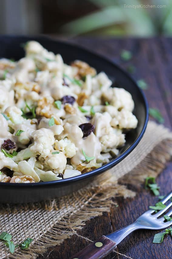 Walnut Raisin Cauliflower Raw Slaw Salad With Tahini Sauce